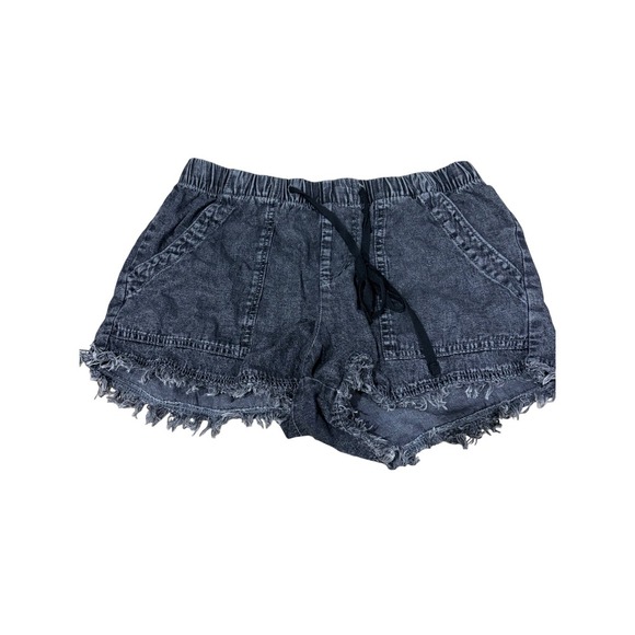 Black Acid Wash Denim Shorts Women's Large Frayed Hem Elastic Waist Drawstring - Picture 2 of 5
